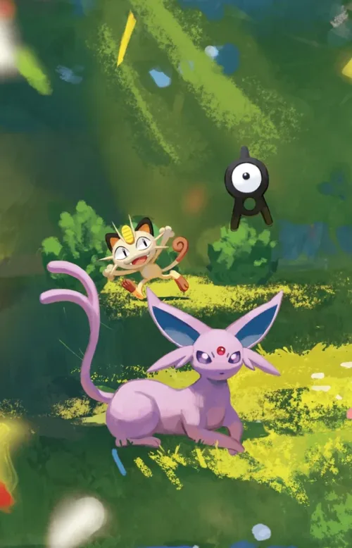 Tin artwork featuring Espeon and Meowth, with an Unown hidden in the scene