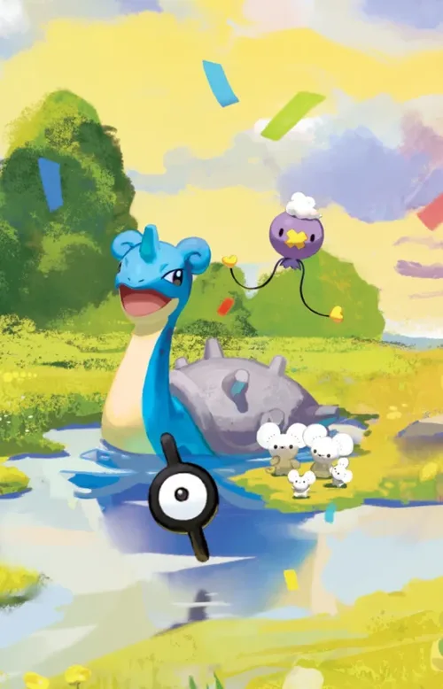 Tin artwork featuring Lapras and Drifloon, with an Unown hidden in the scene