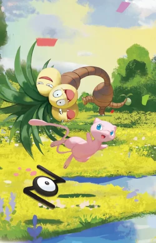 Tin artwork featuring Mew and Exeggutor, with an Unown hidden in the scene