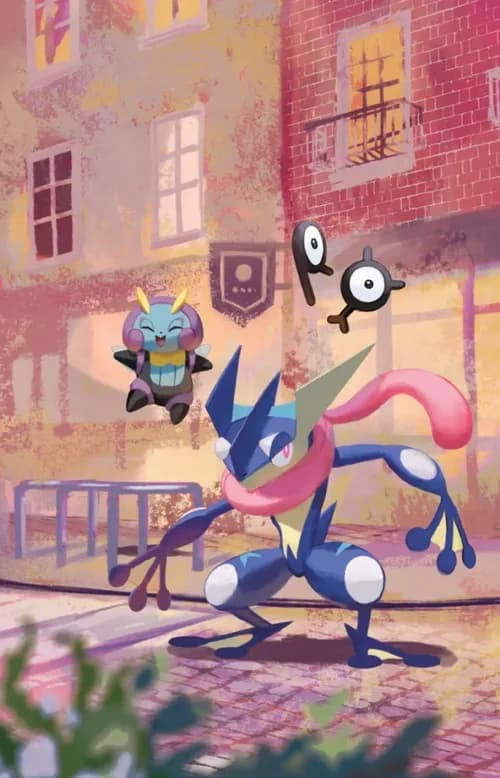 Tin artwork featuring Greninja, with an Unown hidden in the scene