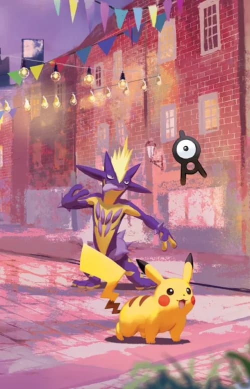 Tin artwork featuring Toxtricity and Pikachu, with an Unown hidden in the scene