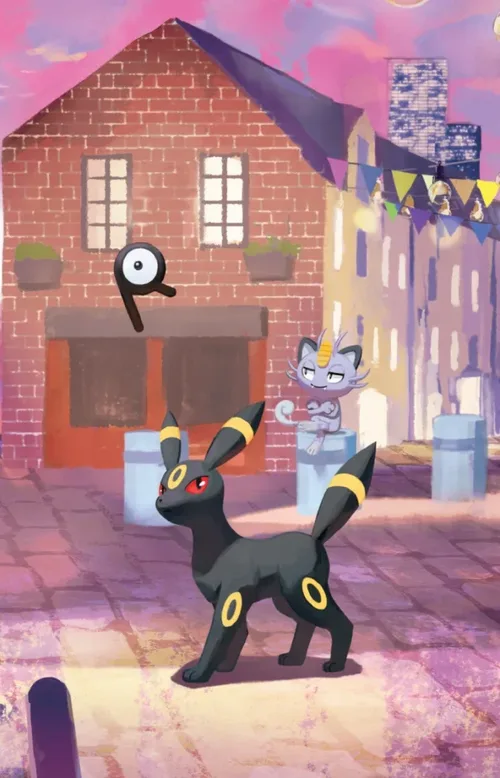 Tin artwork featuring Umbreon and Alolan Meowth, with an Unown hidden in the scene