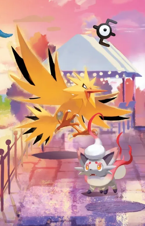Tin artwork featuring Zapdos, with an Unown hidden in the scene